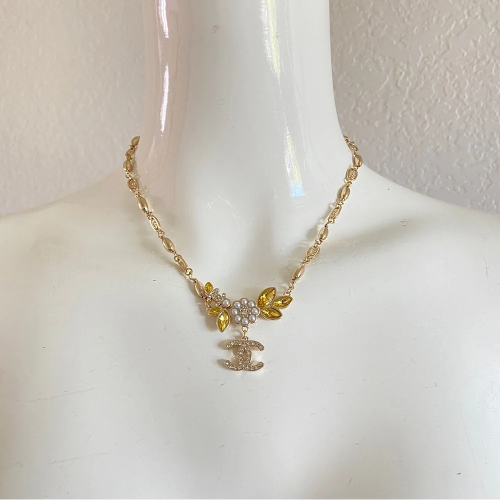 Gold CC Floral crystal pearl Necklace